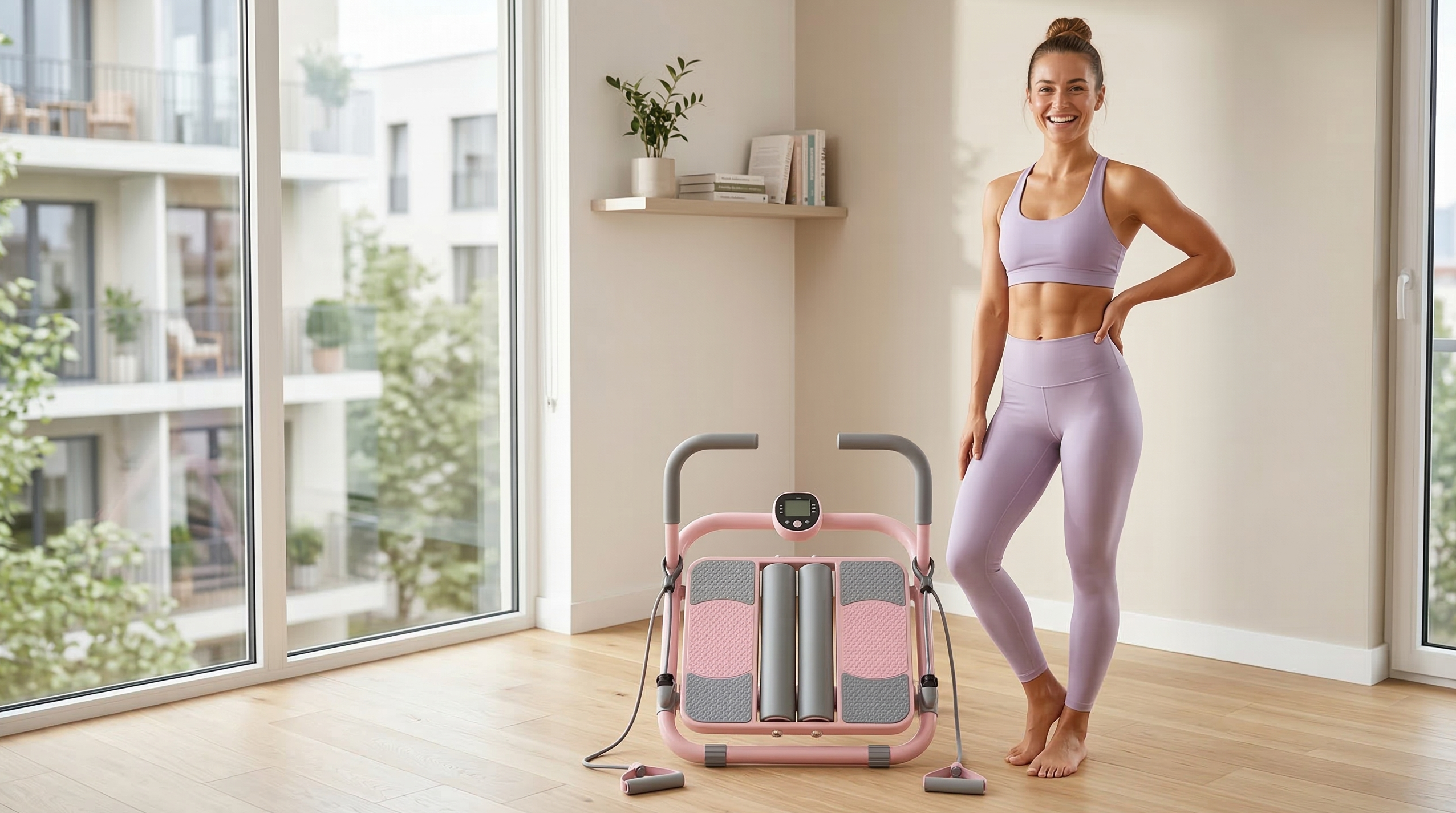Femme rayonnante et pleine de vitalité, profitant de sa nouvelle forme physique grâce au Mini Reformer.