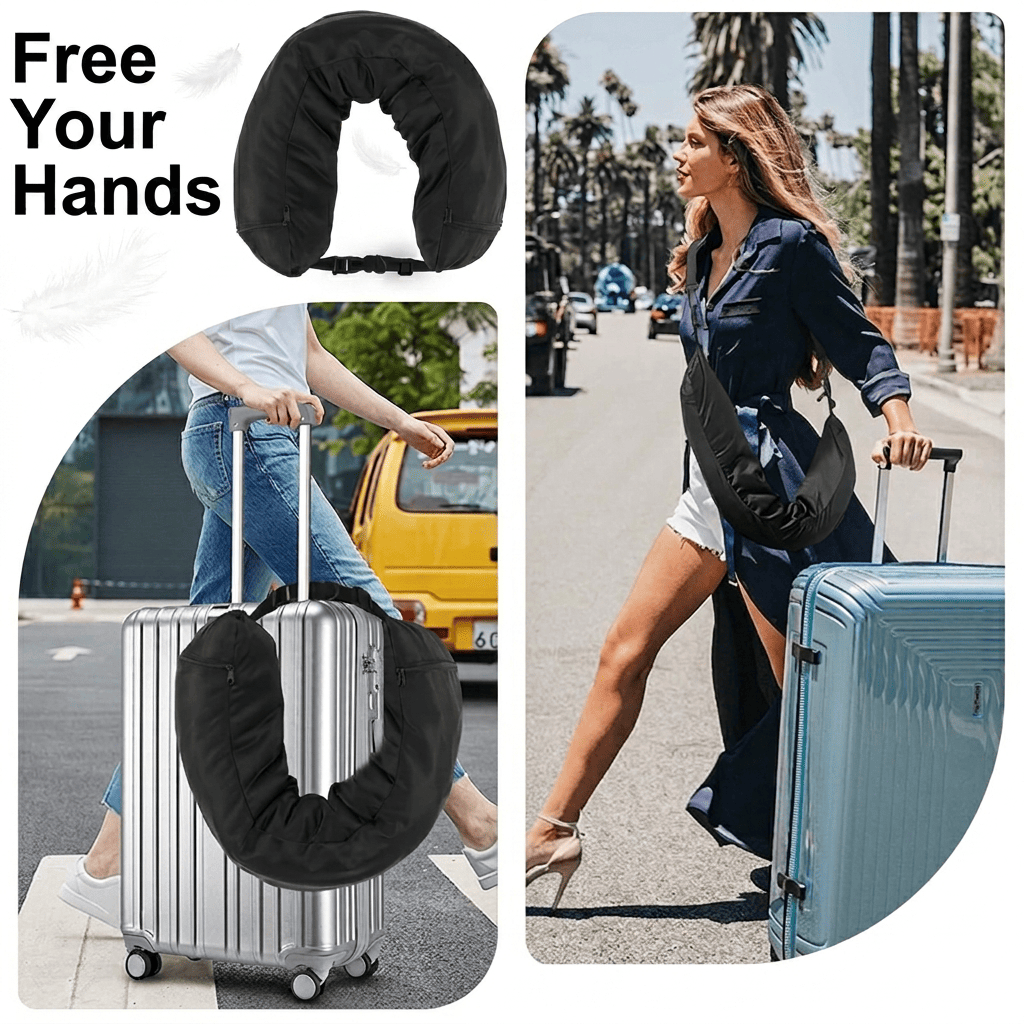 A traveler using the neck pillow with hidden storage