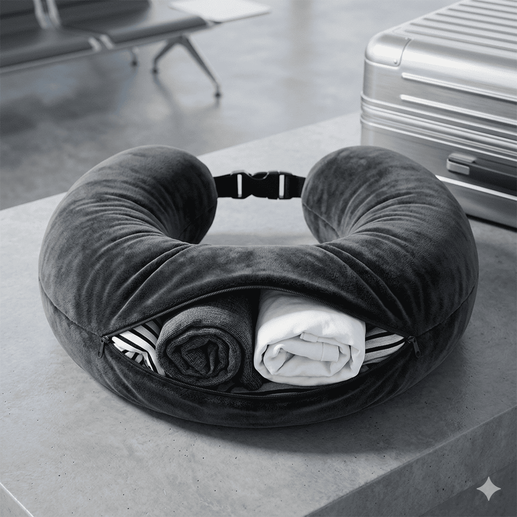Travel neck pillow with hidden storage compartment