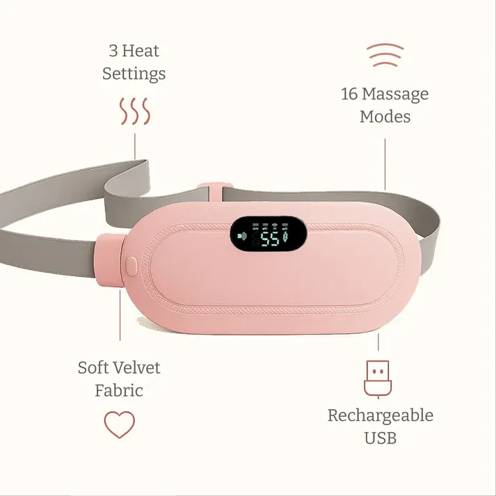Ceinture chauffante portable rose pour soulager les crampes menstruelles et douleurs lombaires.