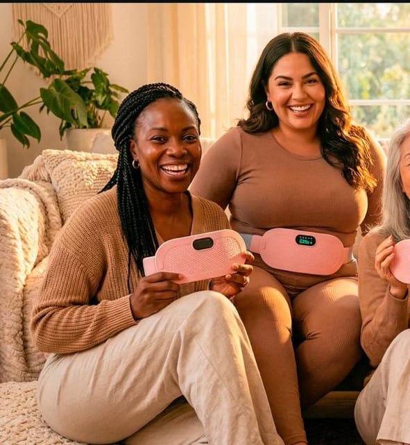 Ceinture chauffante portable rose pour soulagement des douleurs menstruelles et lombaires.