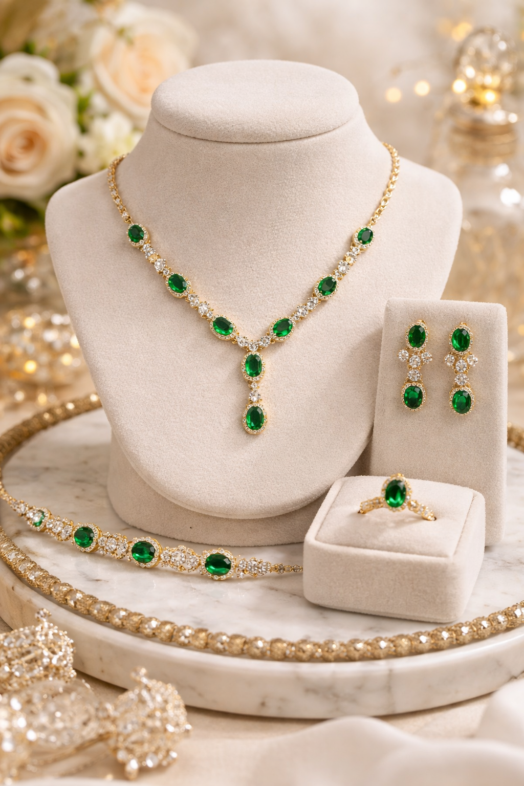Coffret de bijoux LE MAROC en velours vert avec ensemble doré et pierres.