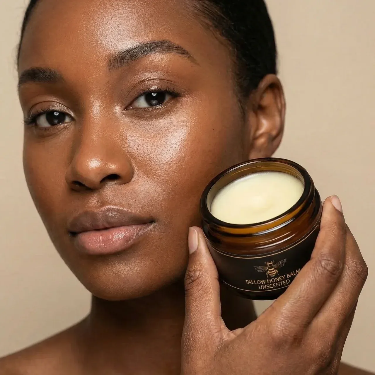 A split image showing 'before' (dry, flaky skin) and 'after' (smooth, hydrated skin) using the balm.