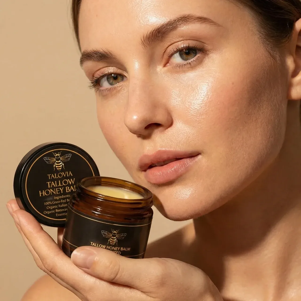 A jar of Talovia Tallow Honey Balm with its natural, creamy texture visible.