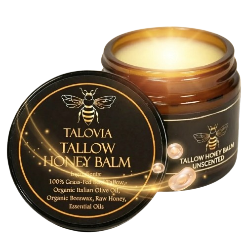 Talovia Tallow Honey Balm jar with a natural, creamy texture