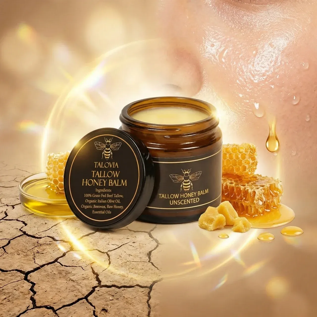 Talovia Tallow Honey Balm jar with natural ingredients