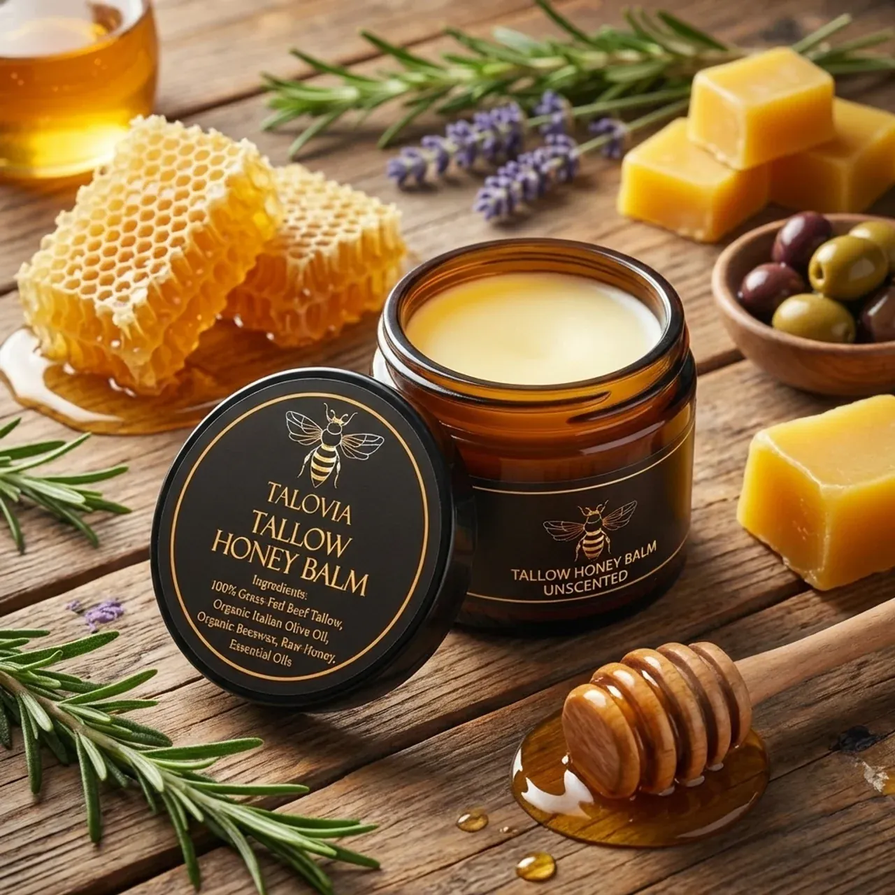 Talovia Tallow Honey Balm in a jar, showcasing its natural texture and ingredients.