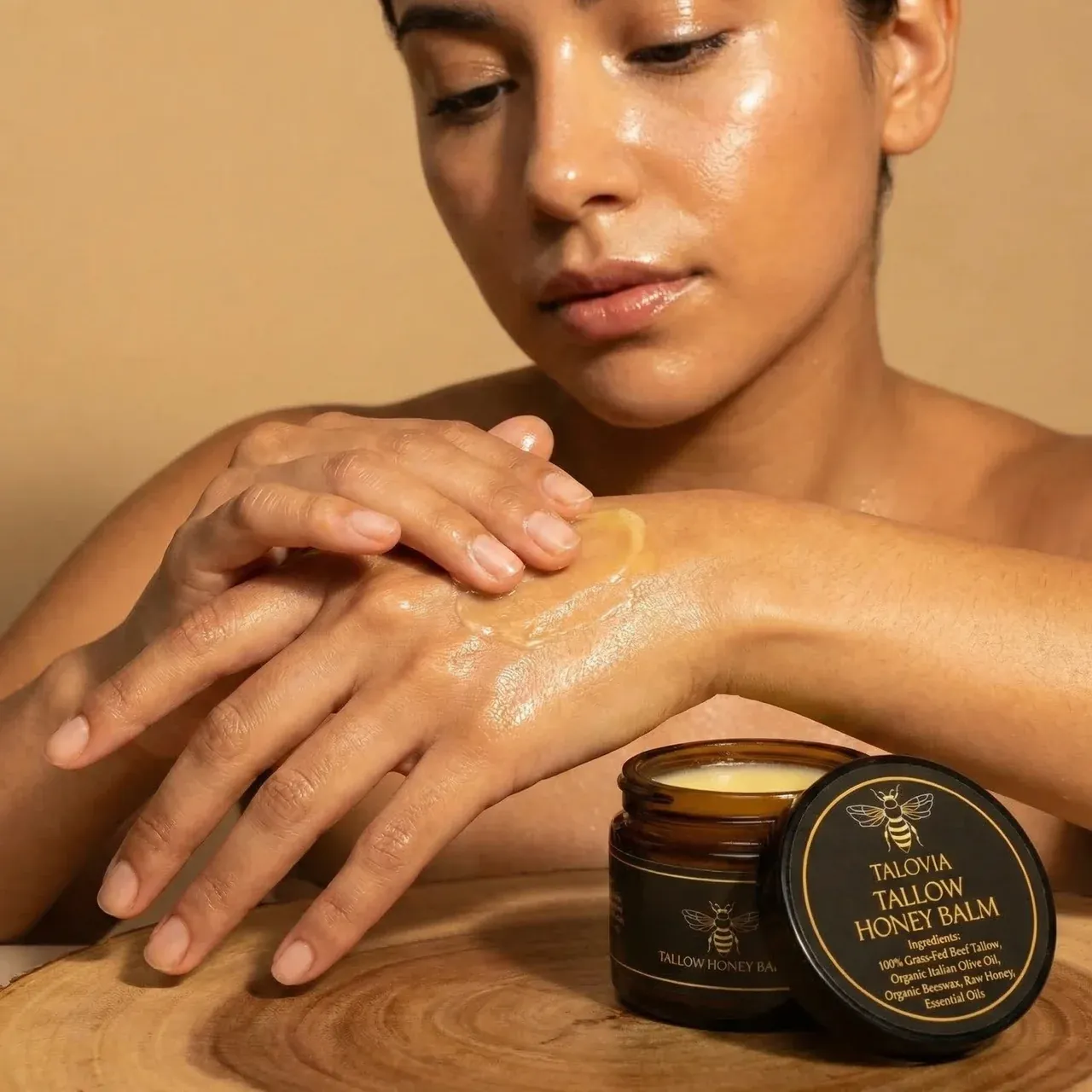 A person applying the balm to their hands, showing its effectiveness on dry, cracked skin.