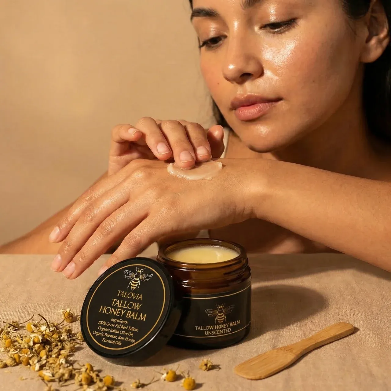 Close-up of the balm's texture, highlighting its rich and nourishing consistency.