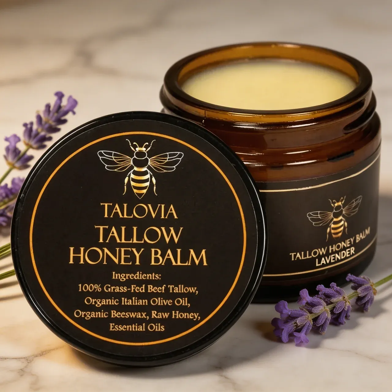 A graphic highlighting '100% Natural Ingredients' with icons for tallow, olive oil, and honey.