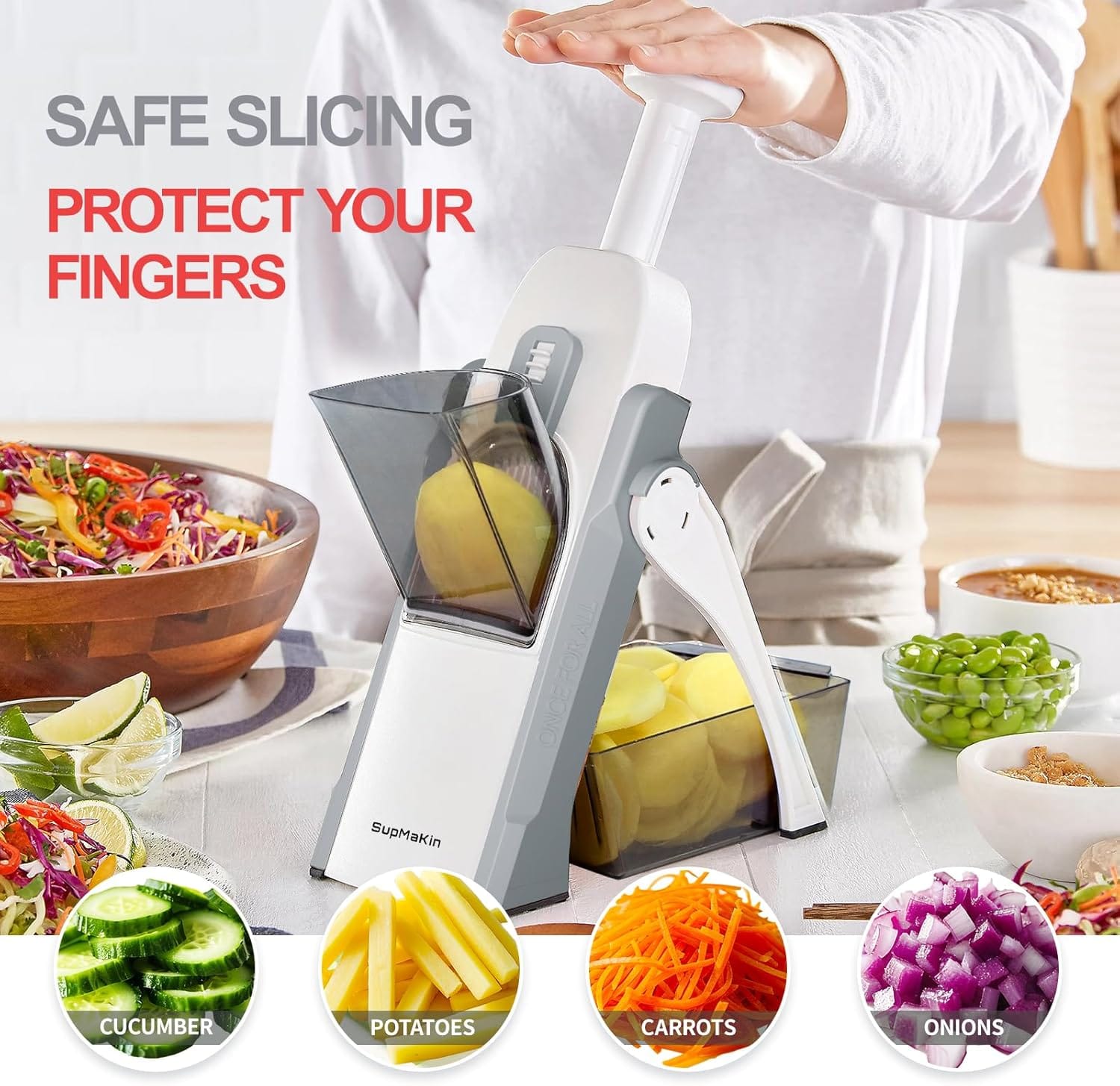 A smiling person happily preparing a colorful salad with the kitchen tool in a bright, modern kitchen.