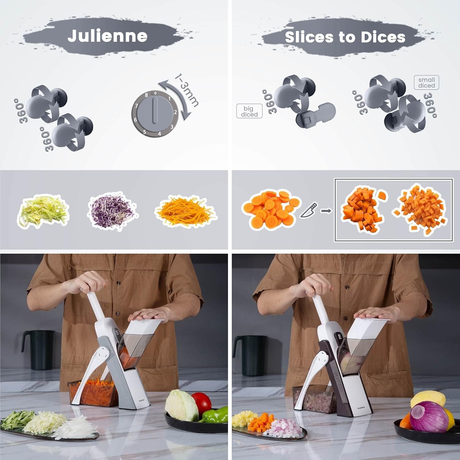 Primer plano de vegetales siendo cortados con el accesorio.