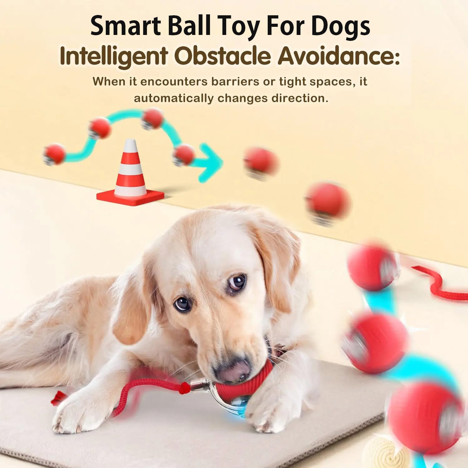 The interactive toy ball rolling away from a couch, demonstrating obstacle avoidance.