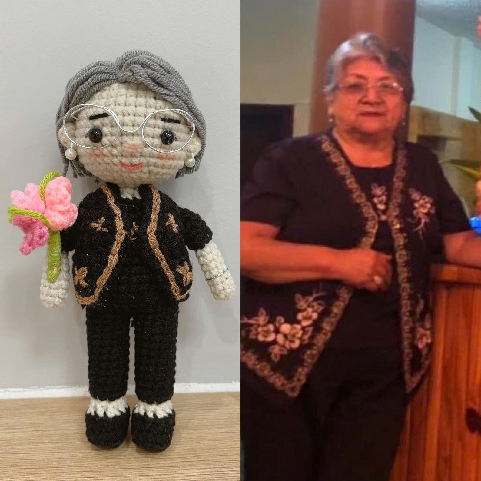 Person receiving a custom crochet doll as a gift