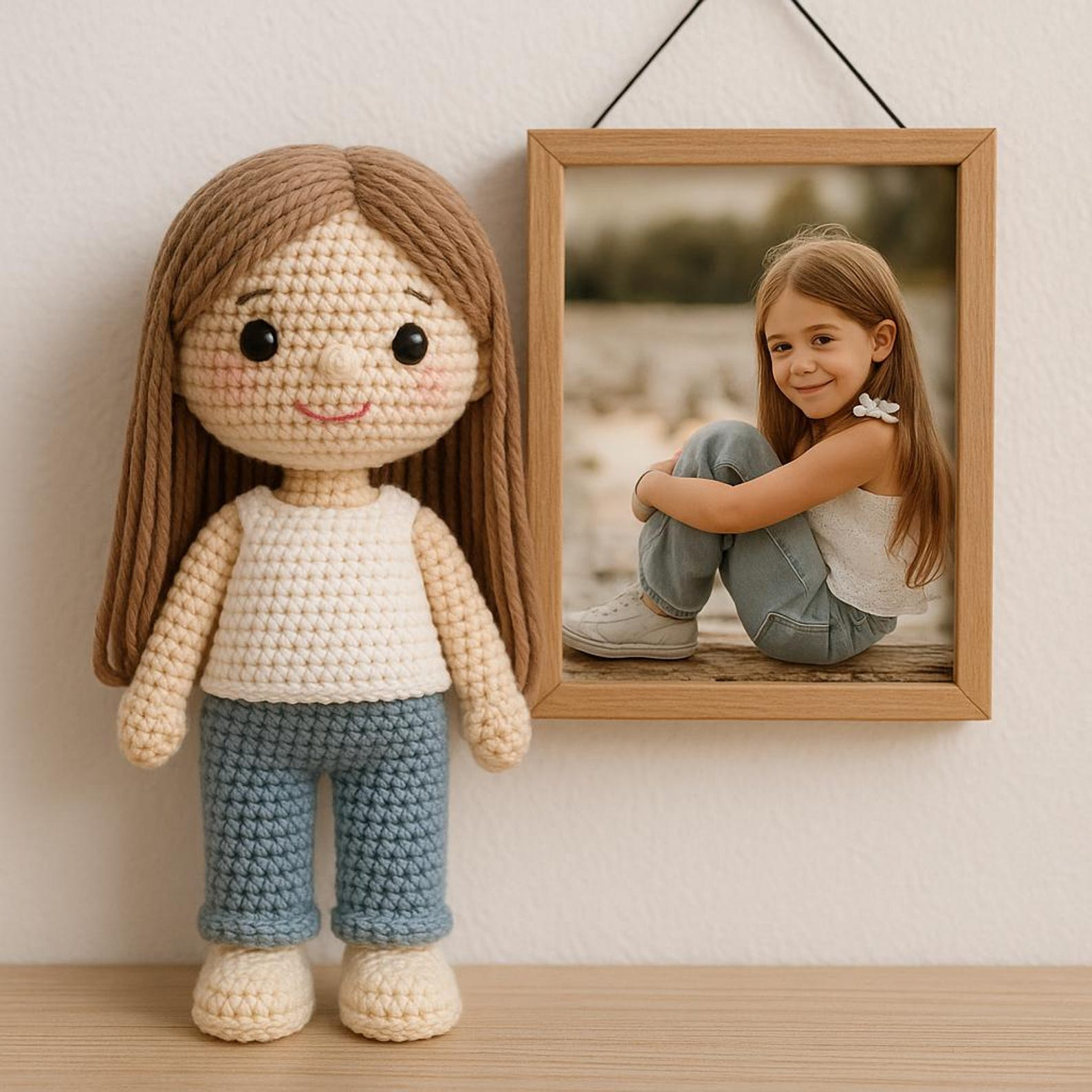 A custom crochet doll resembling a person.