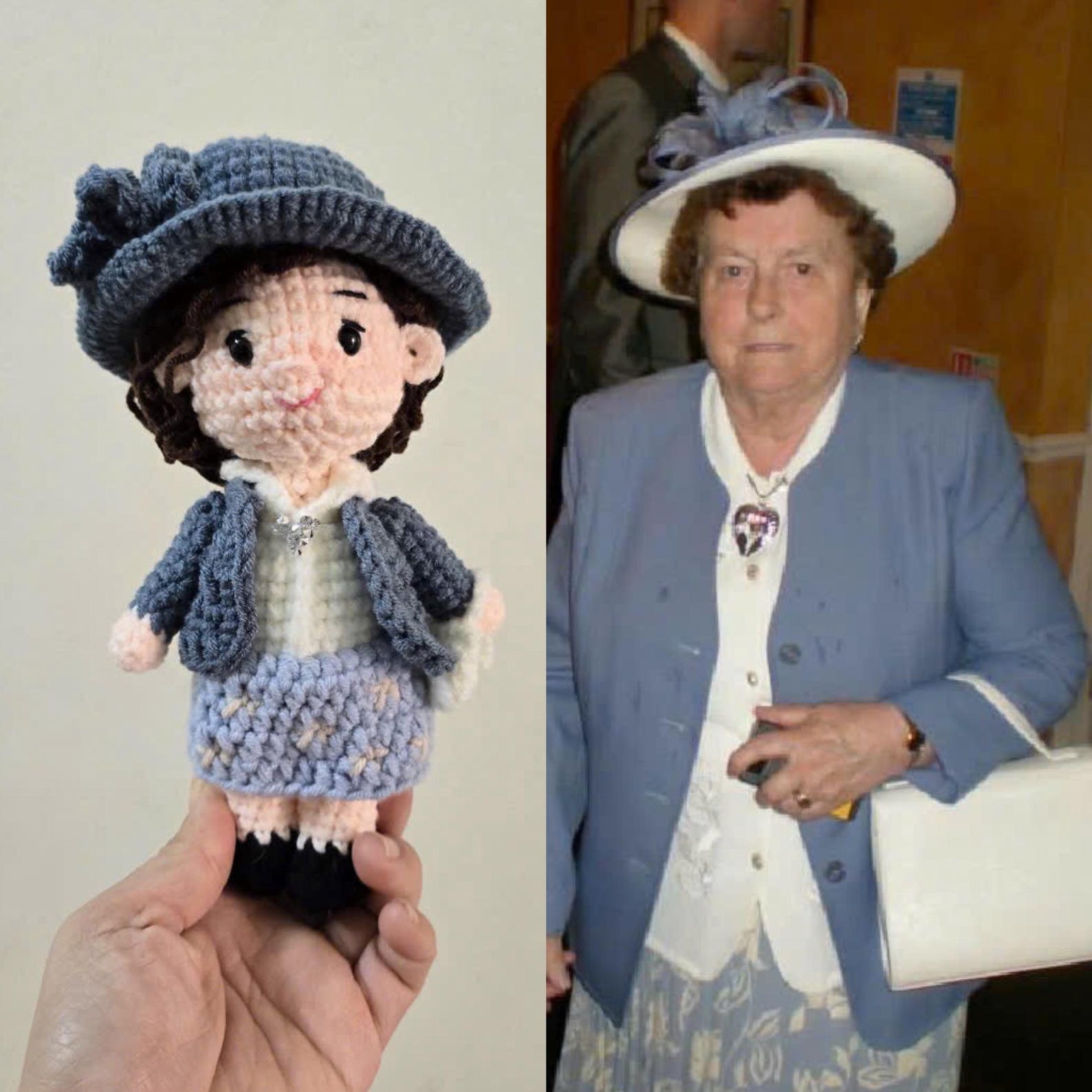 A person happily holding their custom crochet doll