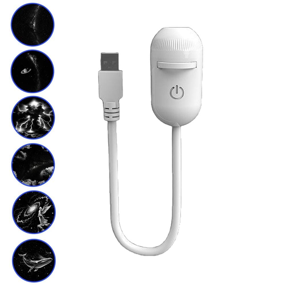 A cozy living room scene at night, with the Projection Night Light casting a beautiful starry sky pattern on the ceiling and a warm glow on a nearby surface.