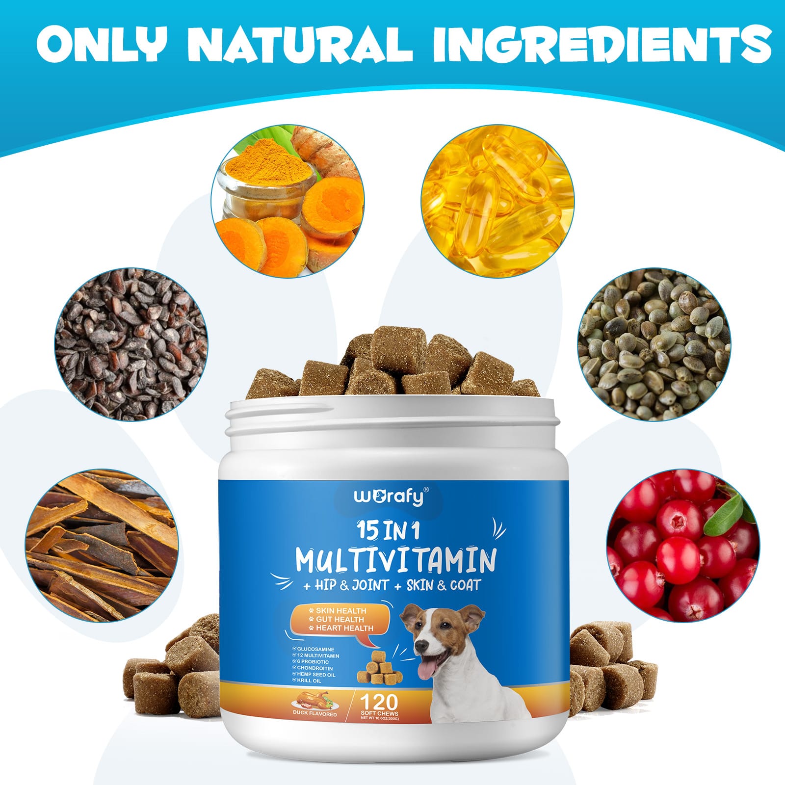 Dog receiving a duck-flavored multivitamin chew