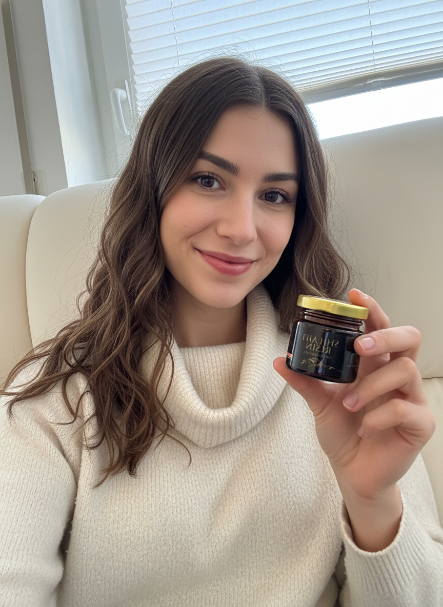 Frau, die konzentriert am Schreibtisch sitzt und MMEMO Shilajit verwendet