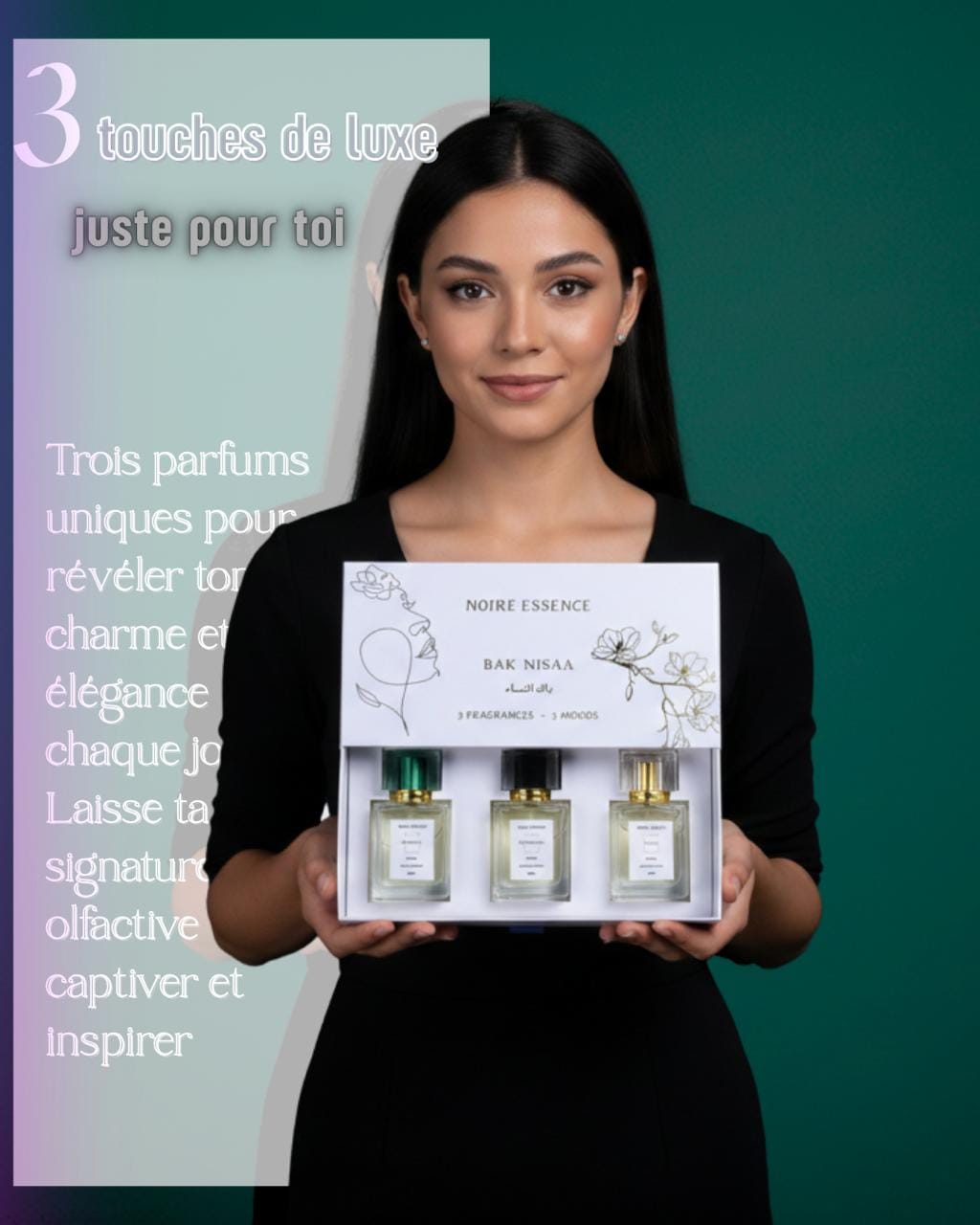 صورة لزجاجة عطر NOIRE ESSENCE في بيئة فاخرة