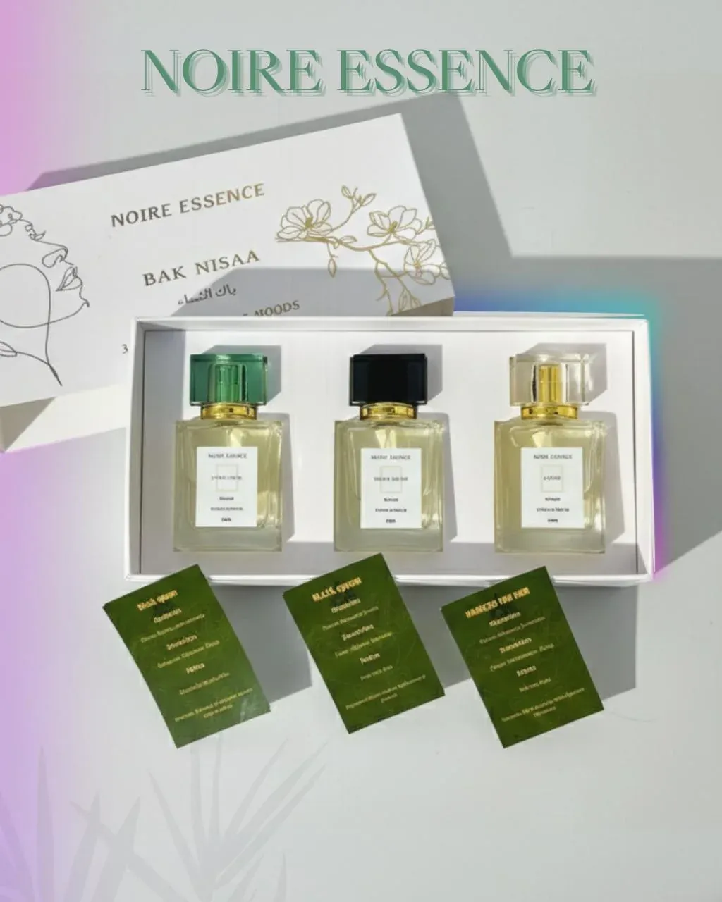 صورة لامرأة تستخدم عطر NOIRE ESSENCE، تعكس الثقة والجاذبية