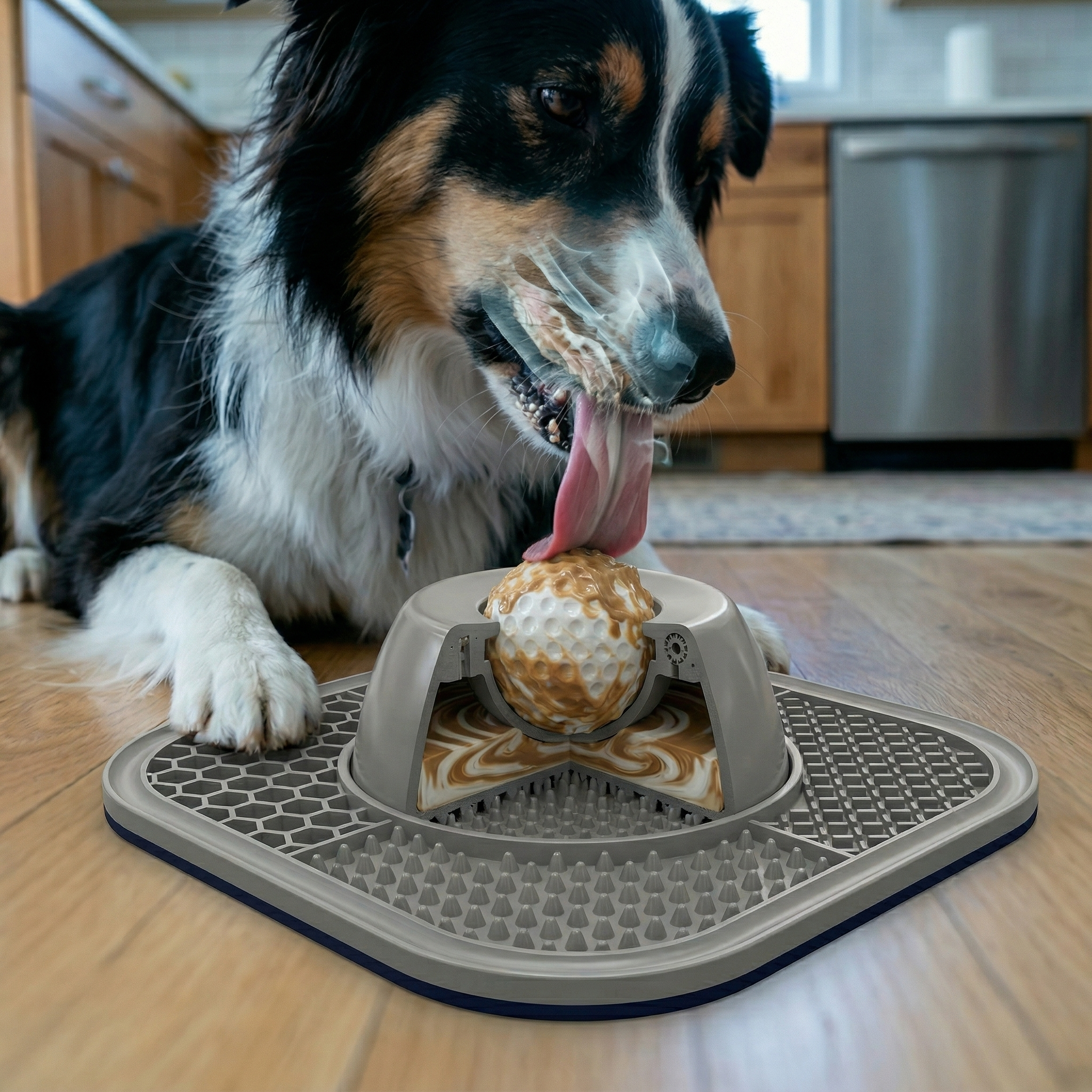 A happy dog enjoying a treat from the LickCalm device.