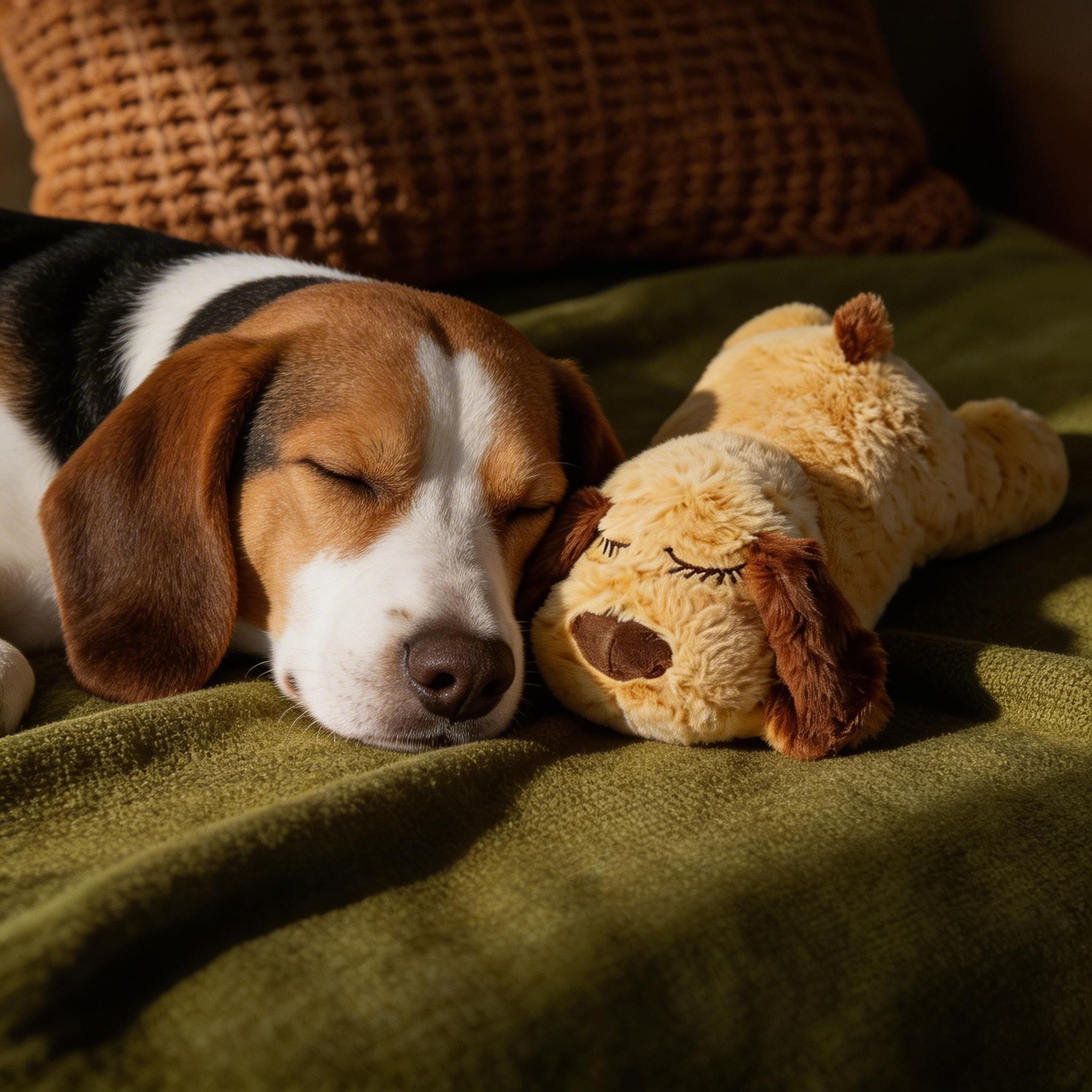 A happy puppy cuddling with a plush toy that simulates a heartbeat