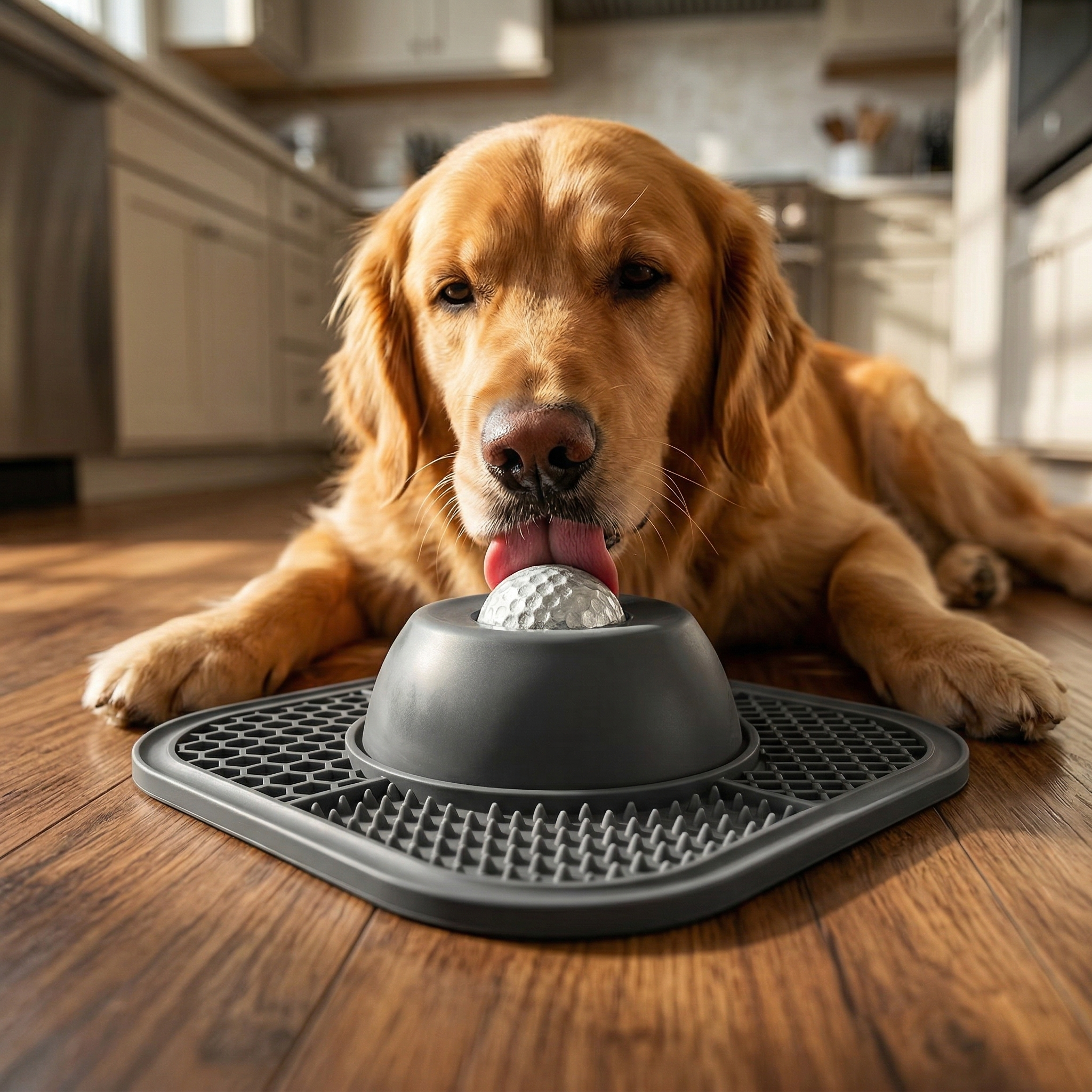 A relaxed dog enjoying a LickCalm™ treat