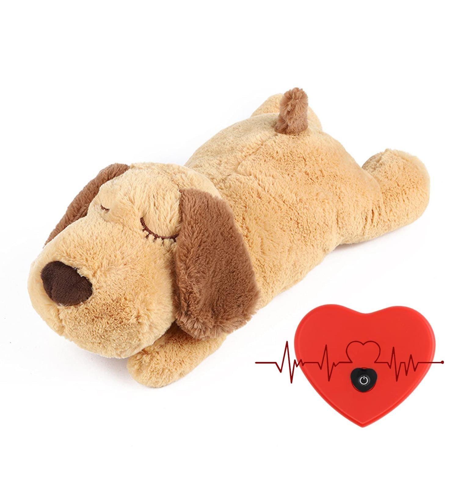 Close-up of plush puppy calming device with heartbeat simulation