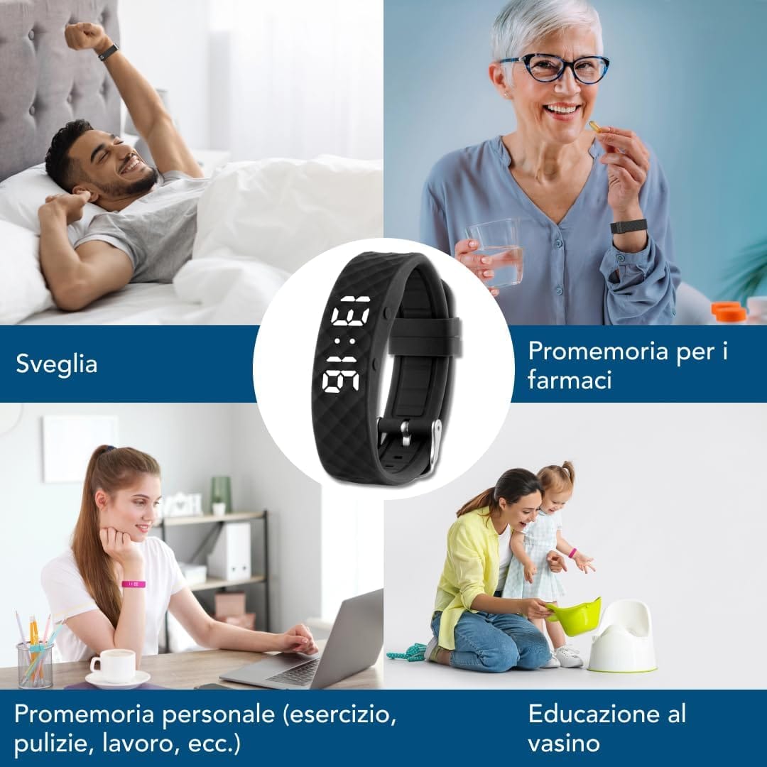 Bracciale con Allarme a Vibrazione – Sveglia Silenziosa da Polso per Adulti e Bambini – fino a 10 Promemoria Personali o per Ass