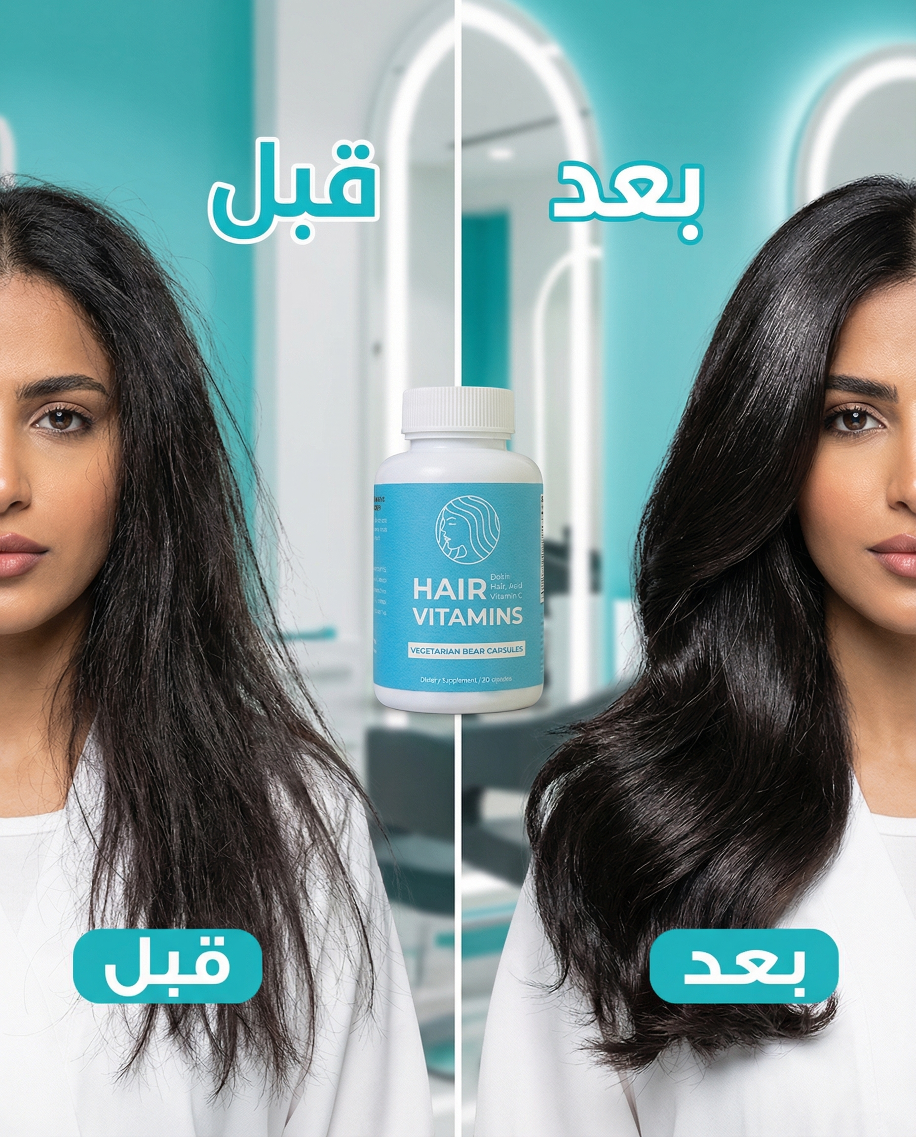 علبة فيتامينات الشعر النباتية على خلفية زرقاء