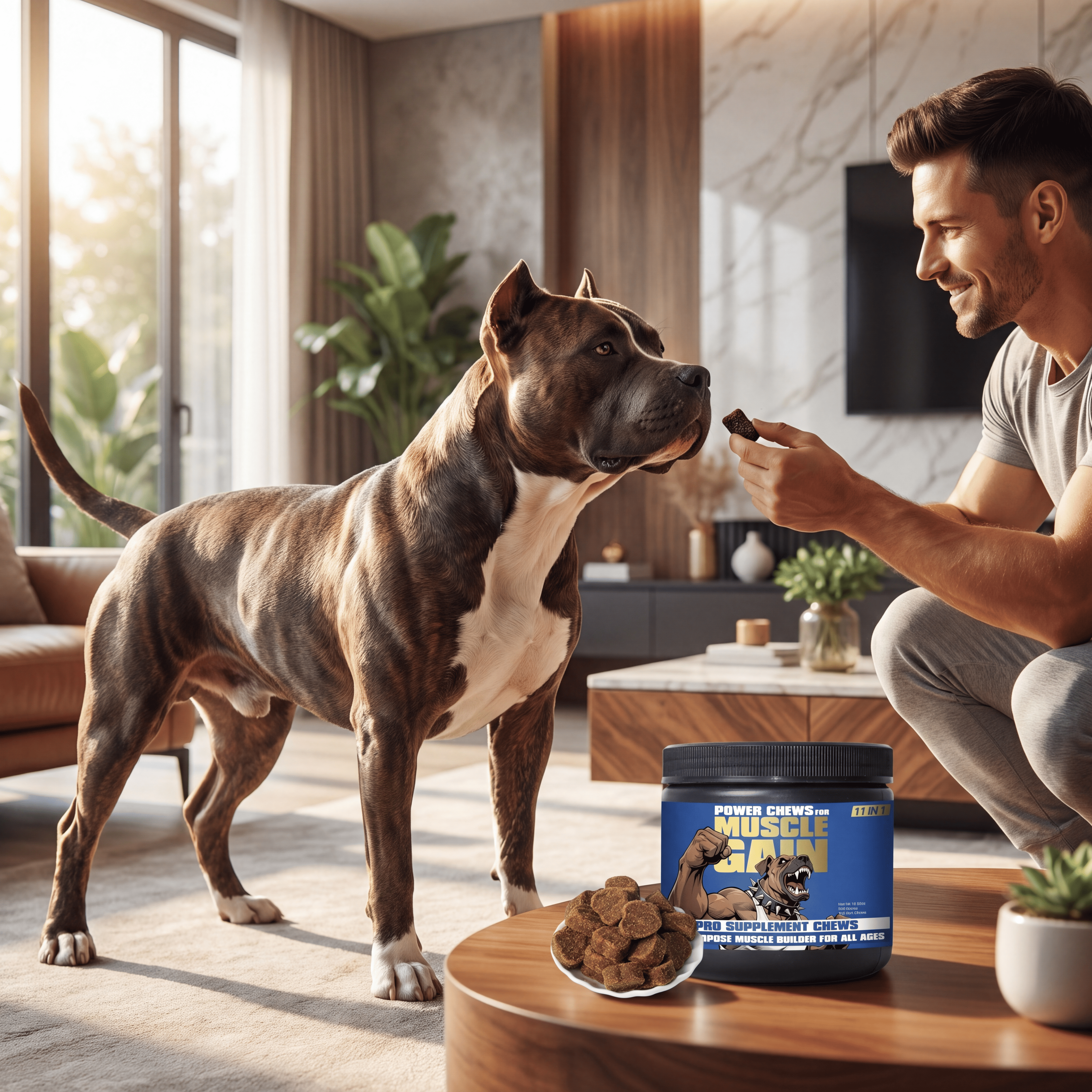 A happy, muscular dog leaping in a park, embodying strength and vitality.