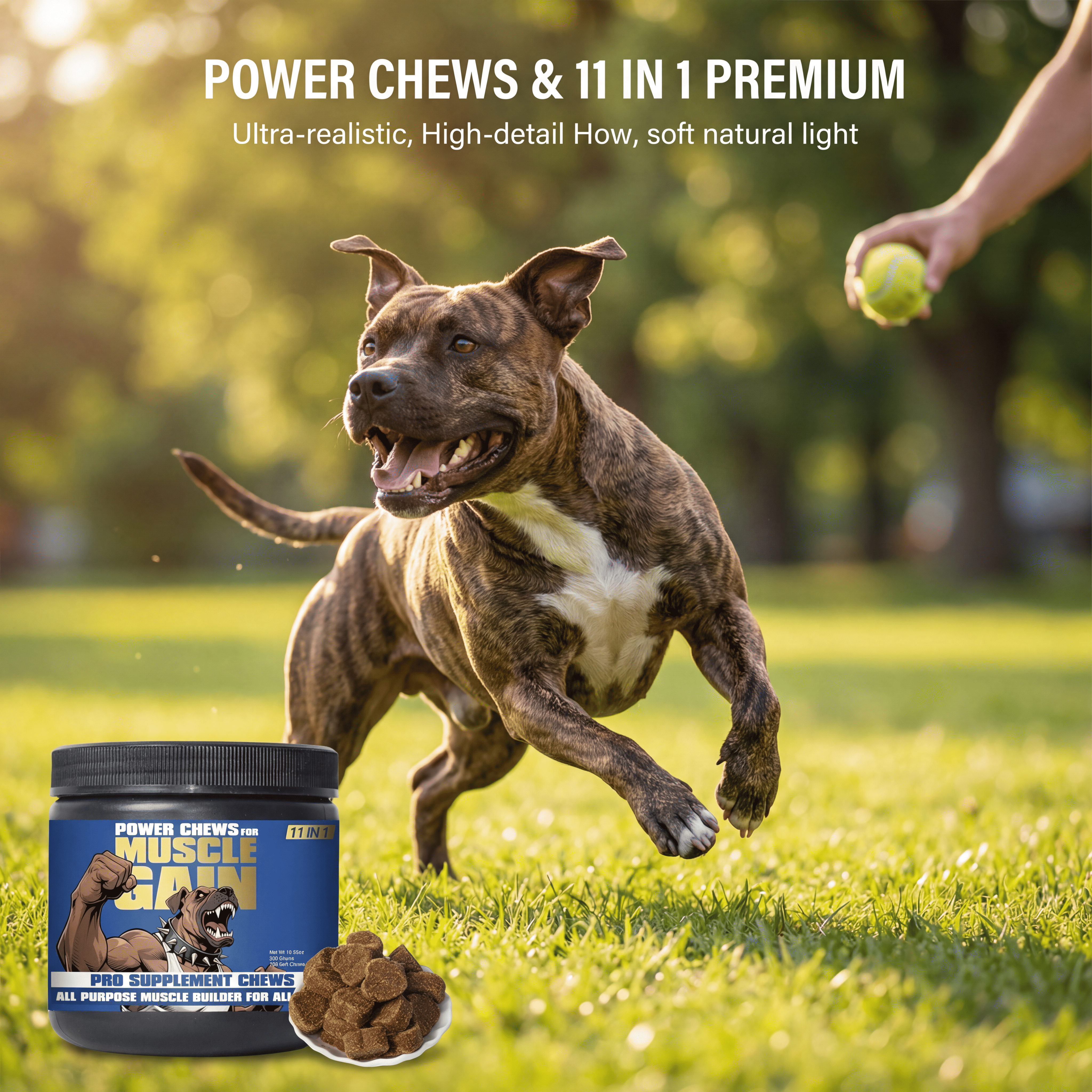 Owner happily playing fetch with their energetic and visibly stronger dog.