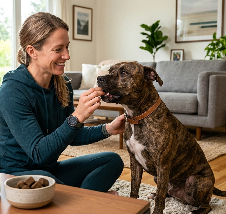 Dog being given two Power Chews
