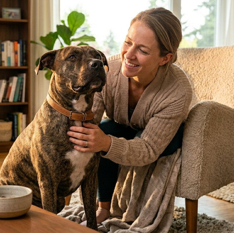 Happy, healthy dog with owner