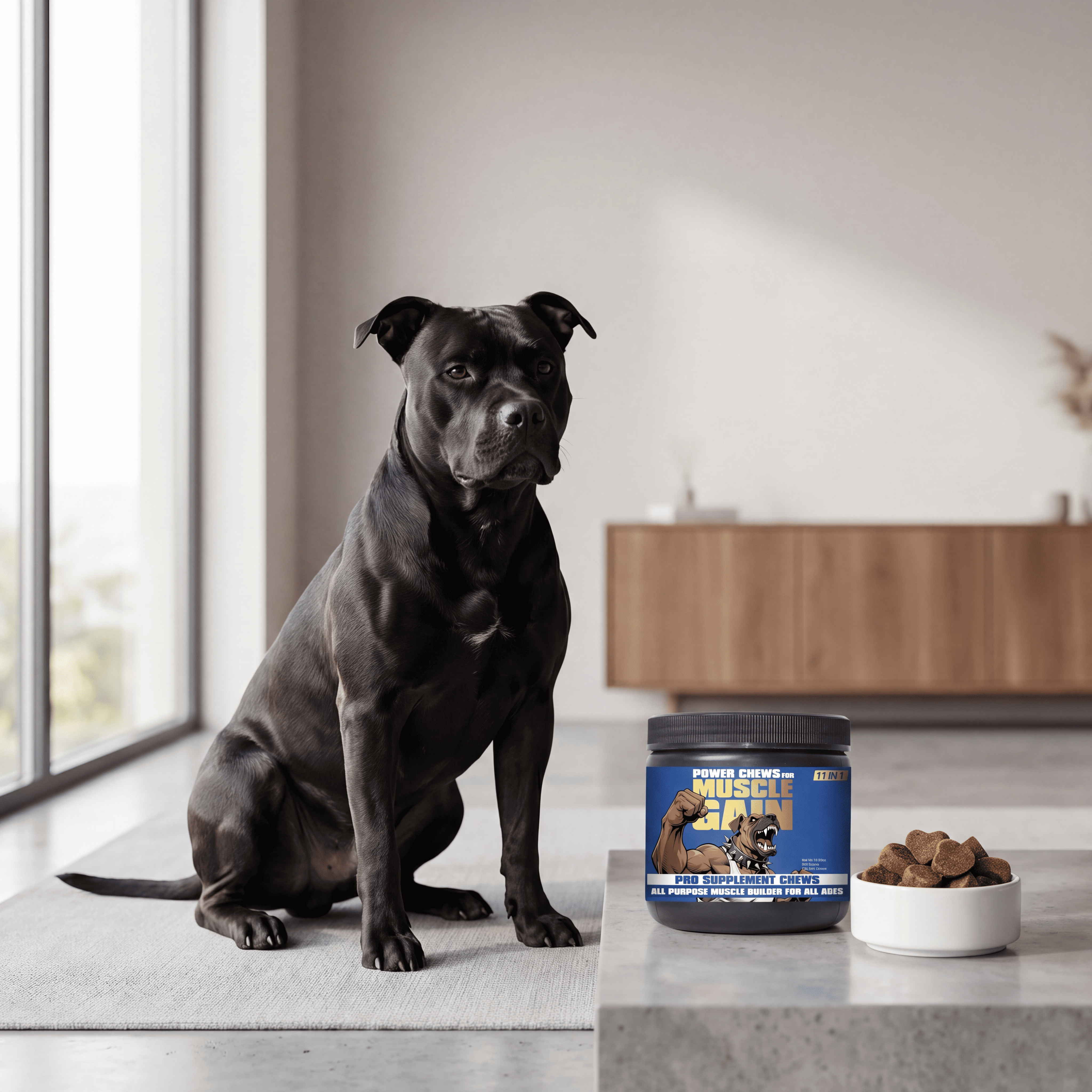 Close-up of a dog's well-defined musculature, showcasing the results of Power Chews.