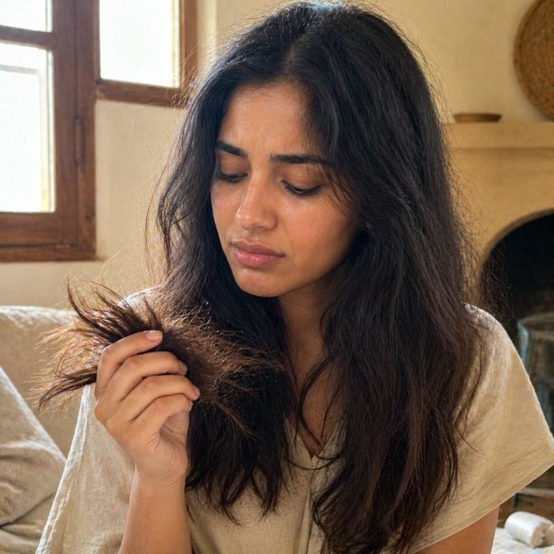امرأة سعيدة بشعر ناعم وصحي