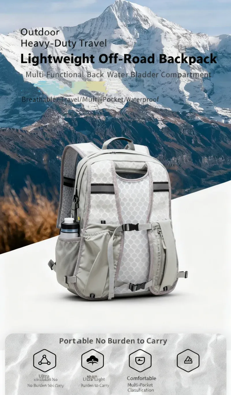A person wearing the backpack on a mountain trail.