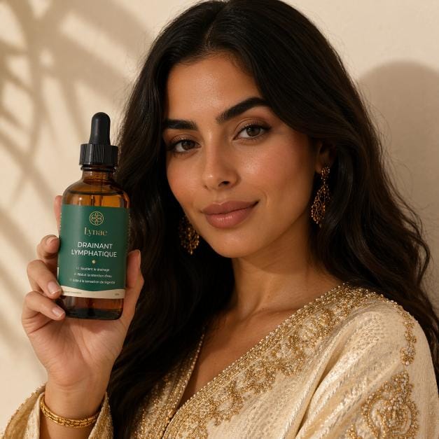 Femme souriante tenant une bouteille de Lynae Drainant Lymphatique