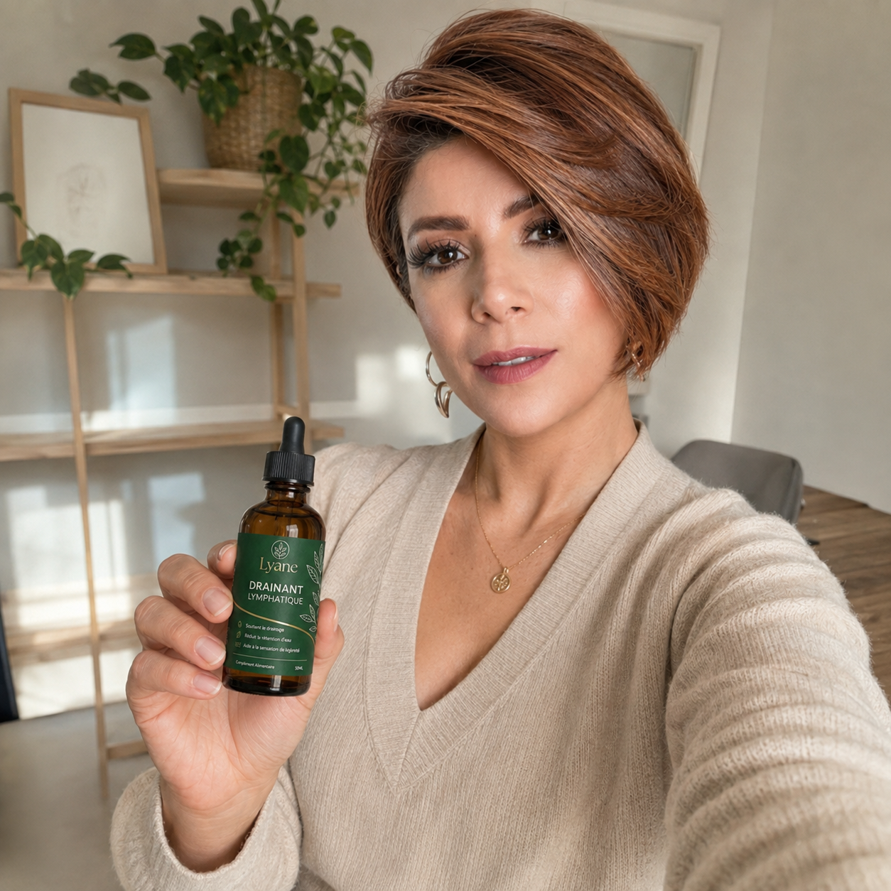 Femme souriante et détendue tenant une bouteille du produit Lyane