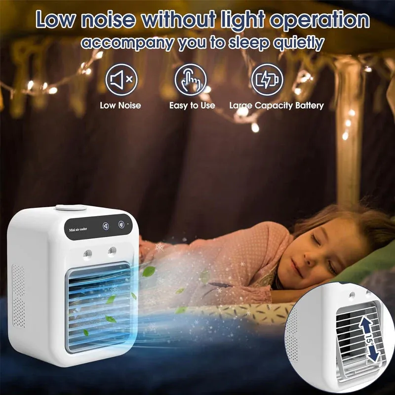A person enjoying the cool breeze from a desktop air cooler on a hot summer day.