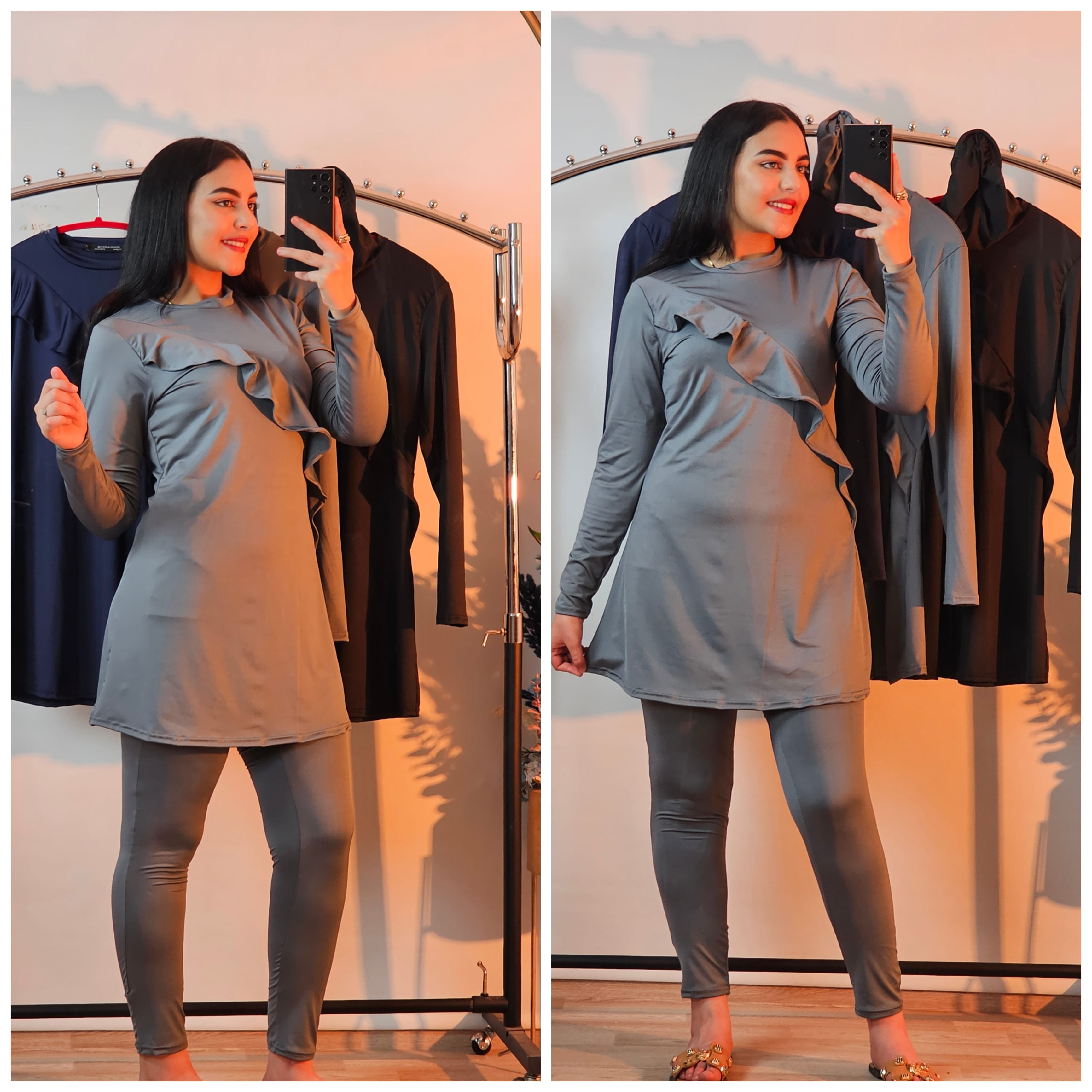 امرأة ترتدي بوركيني أنيق تستمتع بالسباحة