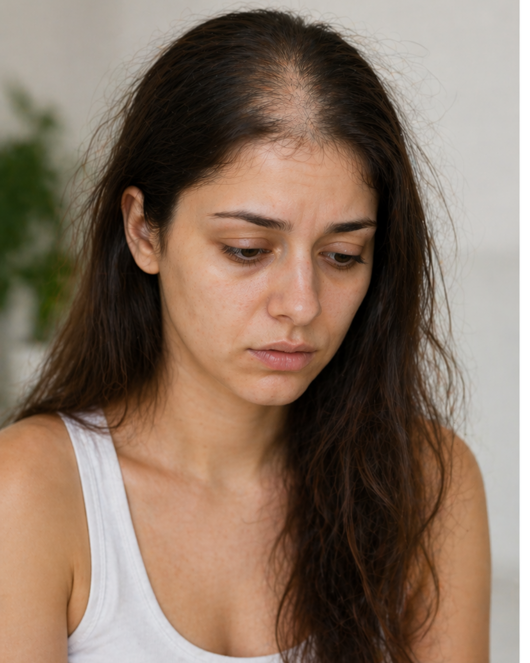 صورة توضح بشرة باهتة وشعر متقصف قبل استخدام المنتج