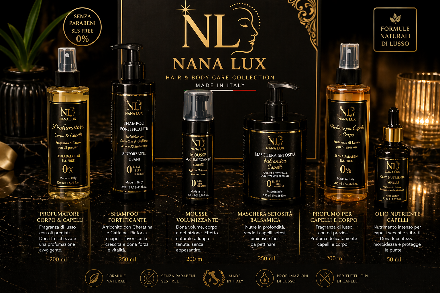 Donna con capelli lucenti e sani che usa il Kit Completo Nana Lux