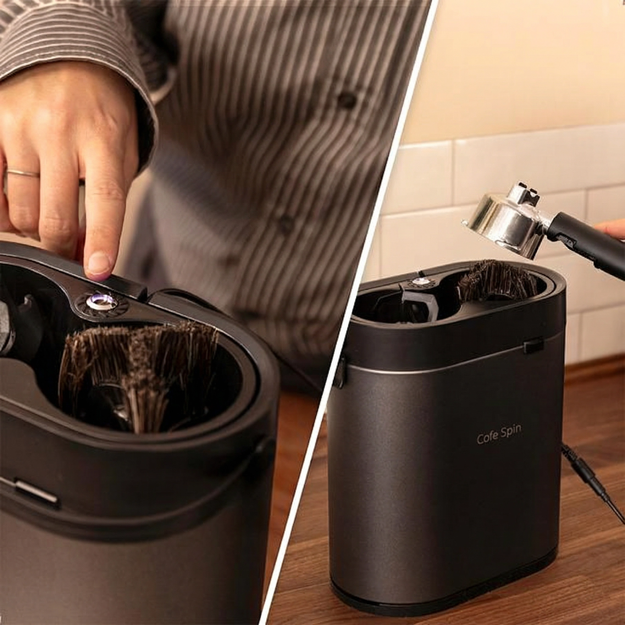 Close-up of the coffee cleaning tool in action