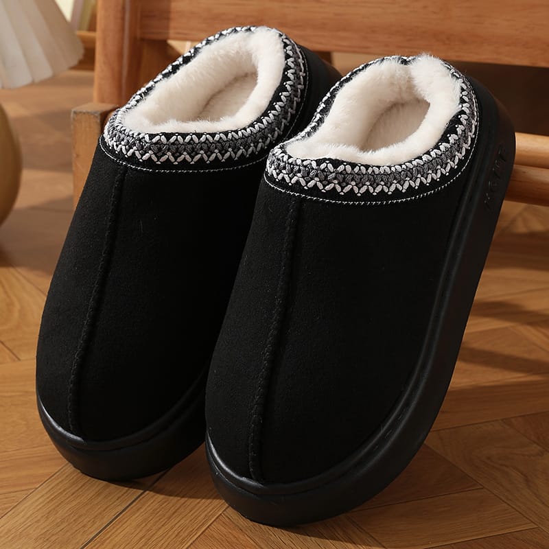 Woman standing comfortably in plush slippers
