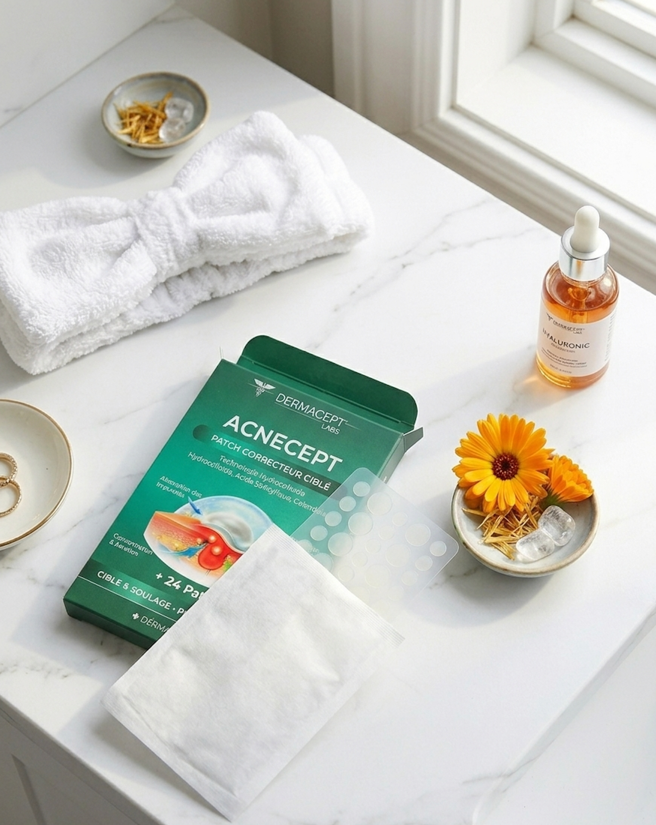 Gros plan d'un patch Acnecept appliqué sur un bouton, presque invisible sur la peau.