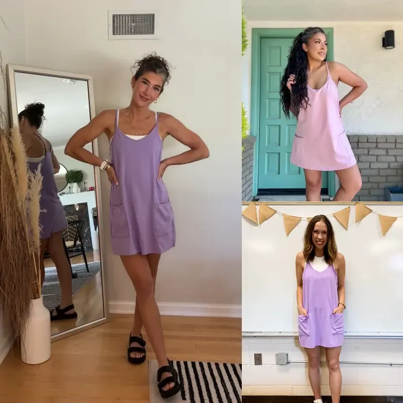 Sarah wearing the comfortable sports dress on a tennis court.