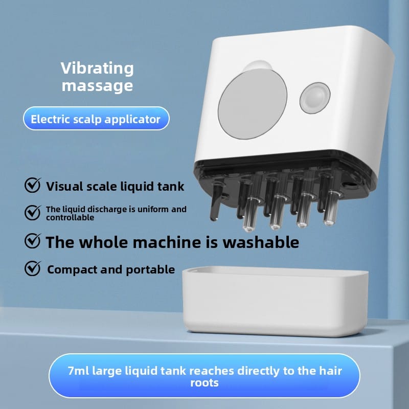 A hand gently massaging the scalp with the product, demonstrating ease of use and therapeutic application.