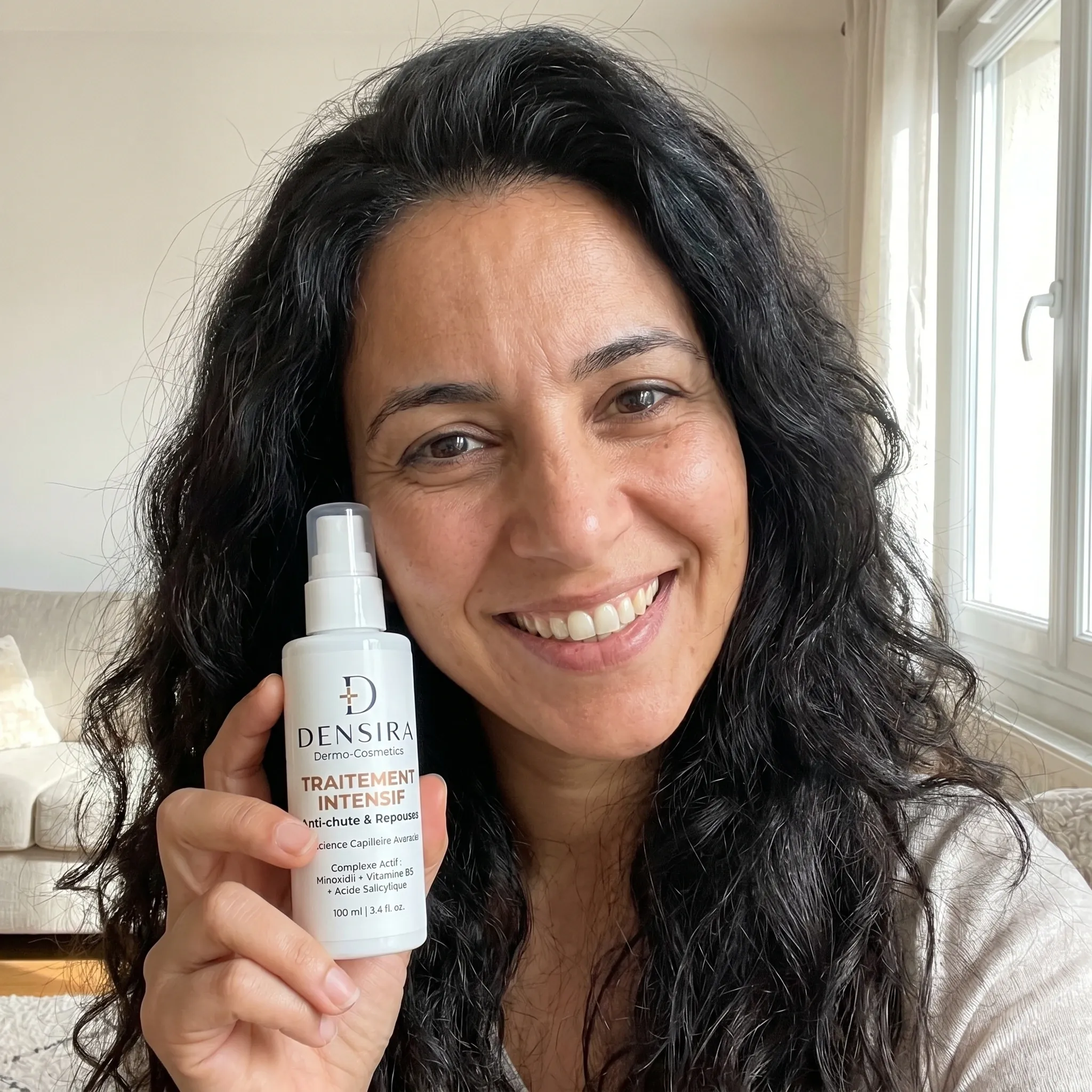 Femme souriante avec des cheveux brillants et volumineux